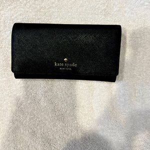 Kate Spade, Black tri fold wallet with zipper change holder.